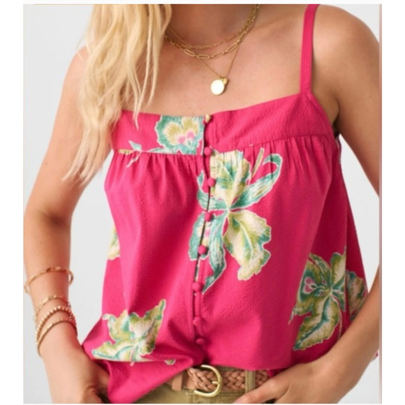 Faherty Tops - FAHERTY Marina Seersucker Pink Buttoned Relaxed Tank Top/Camisole // XL